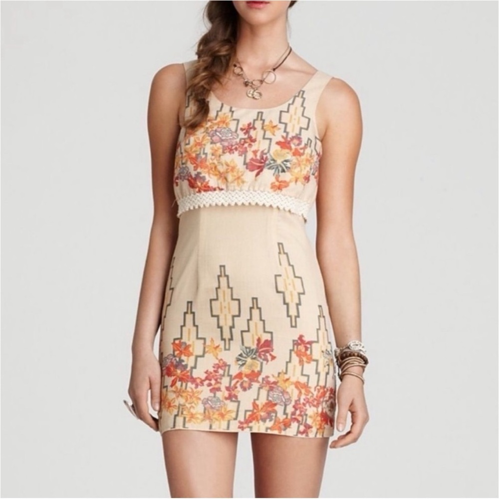 Free People Dress Women's 4 Tan Green Mini Crochet Trim Big Bang Boho Coastal